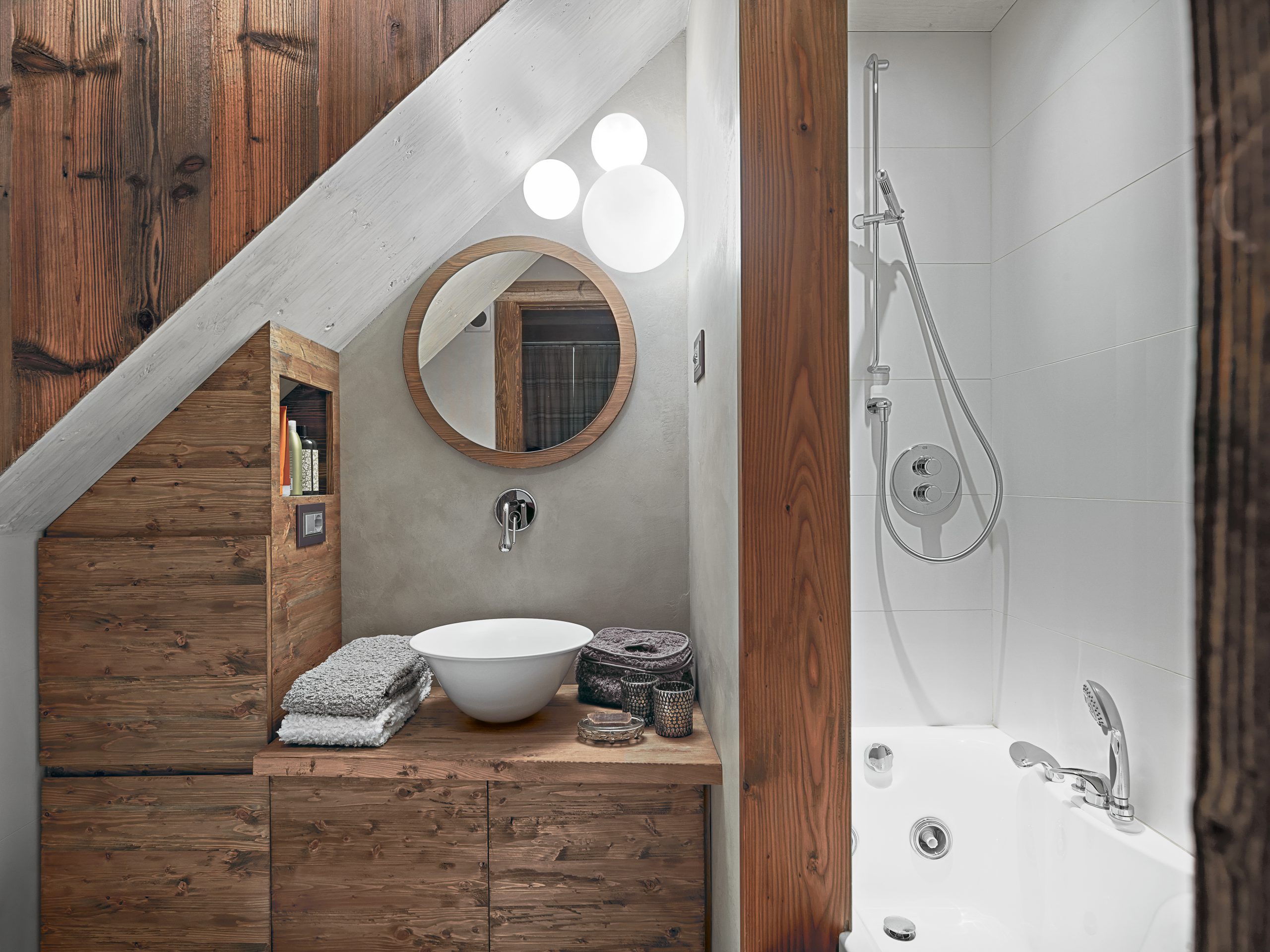 rustic bathroom interior, in the  foreground the counter top washbasin